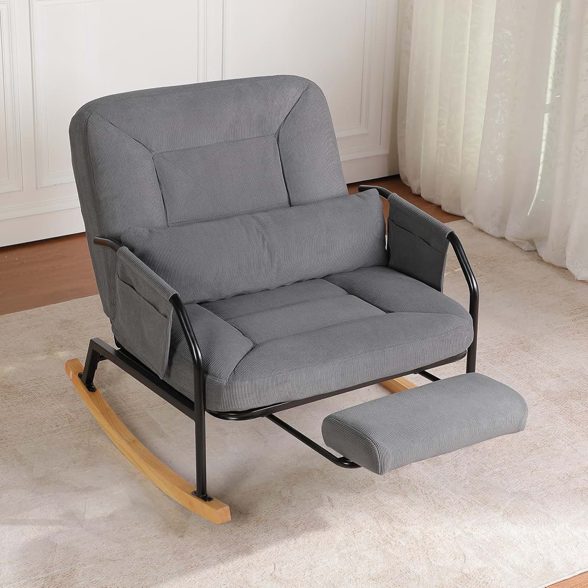 Chistronger Oversized Reclining Rocking Chair with Foot Rest, Grey Corduroy Upholstered Armchair for Nursery