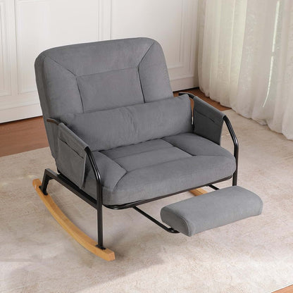 Chistronger Oversized Reclining Rocking Chair with Foot Rest, Grey Corduroy Upholstered Armchair for Nursery
