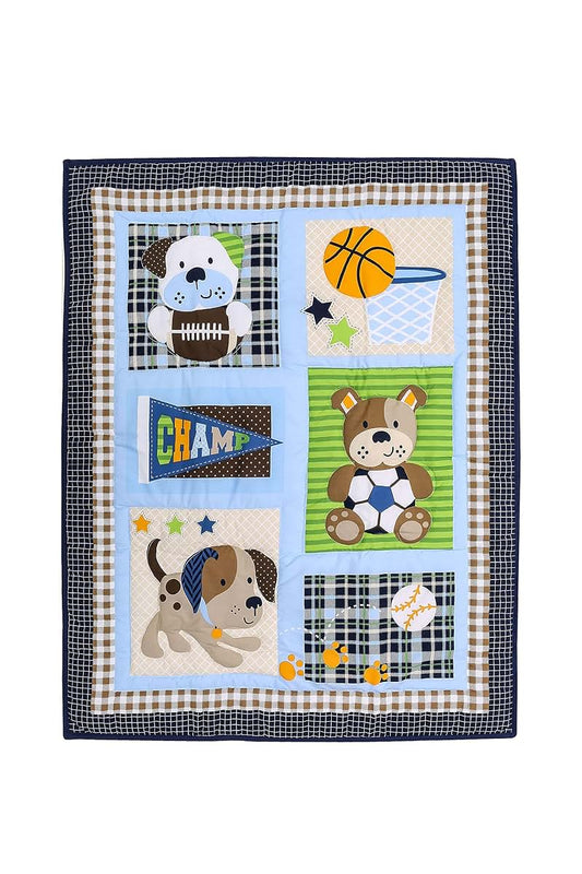 CribMATE Sports Theme Nursery Crib Quilt Baby Boy Teddy Bear Sports Crib Blanket Comforter Baby Gift Idea
