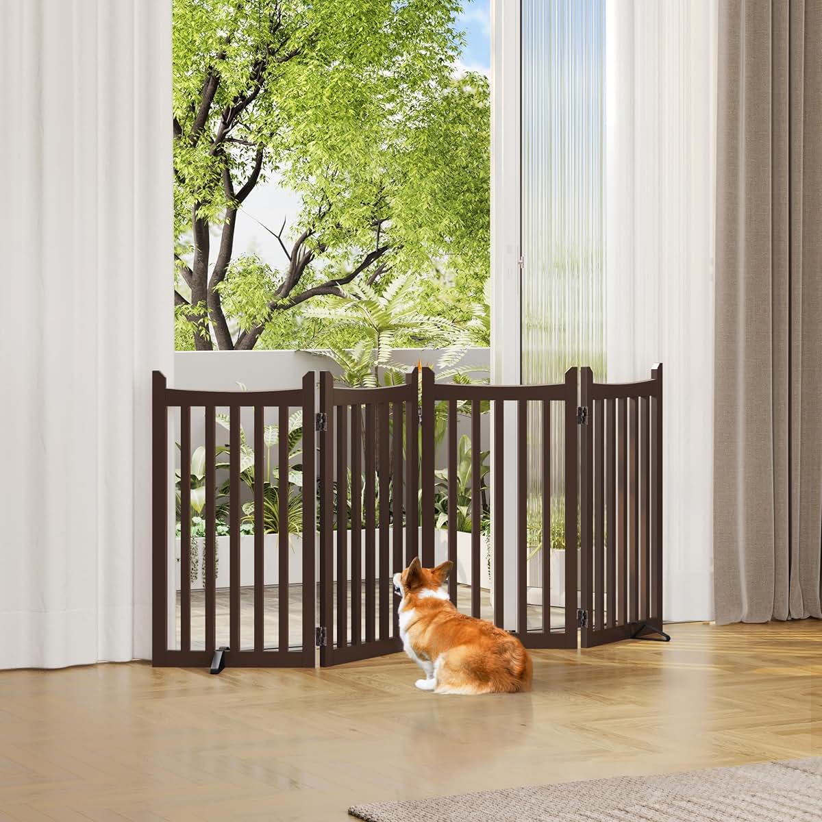 BabyOneStop Wooden Pet Gate 4-Panel Freestanding Espresso Barrier