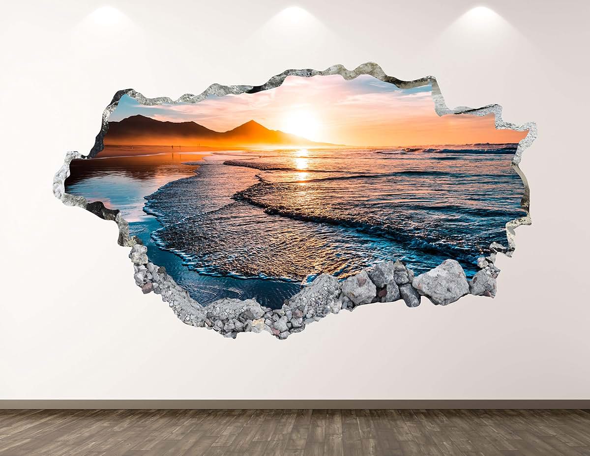 West Mountain Beach Wall Decal Art Decor 3D Smashed Ocean Sunset Sticker Poster Kids Room Mural Custom Gift BL317 (42"
