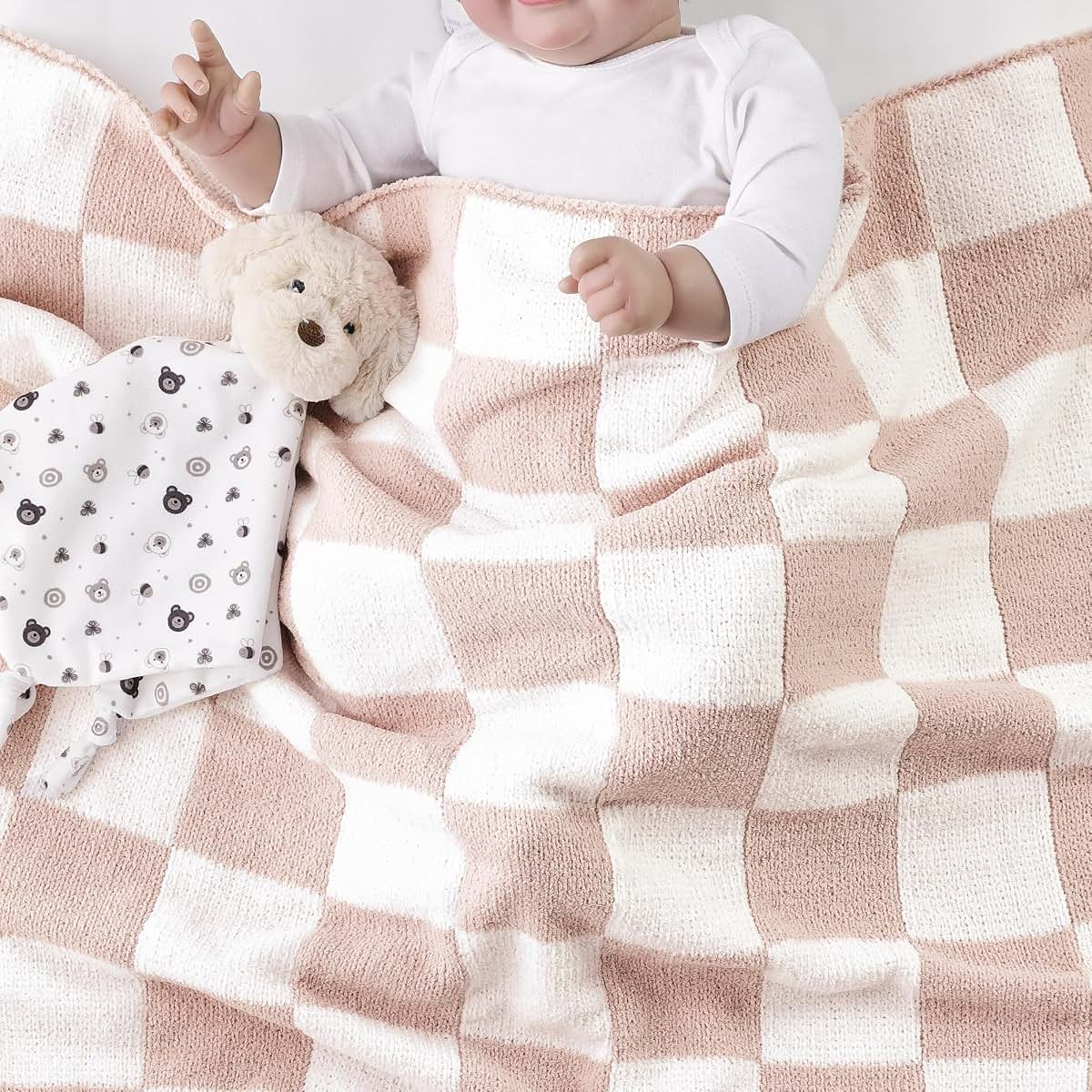 Checked Pink Chenille Baby Blanket for Newborns and Infants