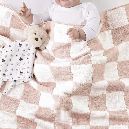 Checked Pink Chenille Baby Blanket for Newborns and Infants