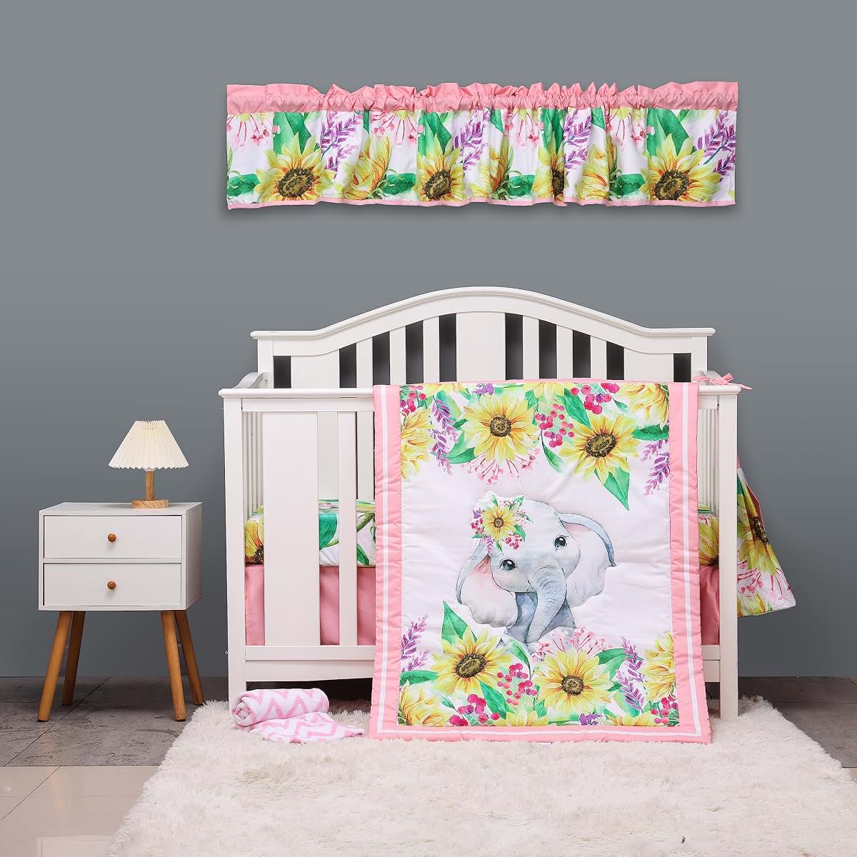 CribMATE 5 PC Floral Crib Bedding Set for Girls -Pink Sunflower Elephant Baby Girl Nursery Crib Bedding Set