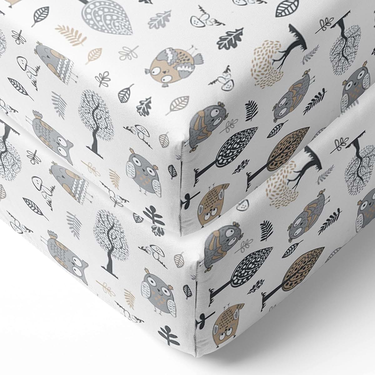 Bacati 2-Pack Crib Fitted Sheets, 100% Cotton Percale Owls Print, Beige/Grey