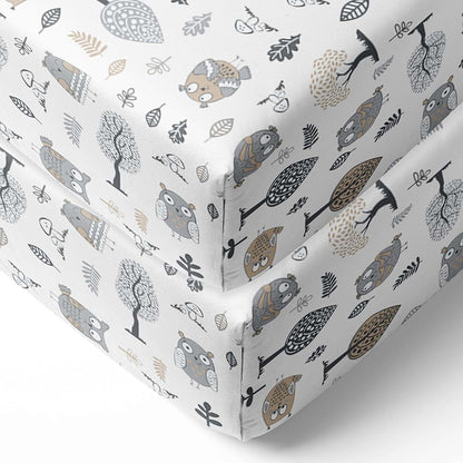 Bacati 2-Pack Crib Fitted Sheets, 100% Cotton Percale Owls Print, Beige/Grey