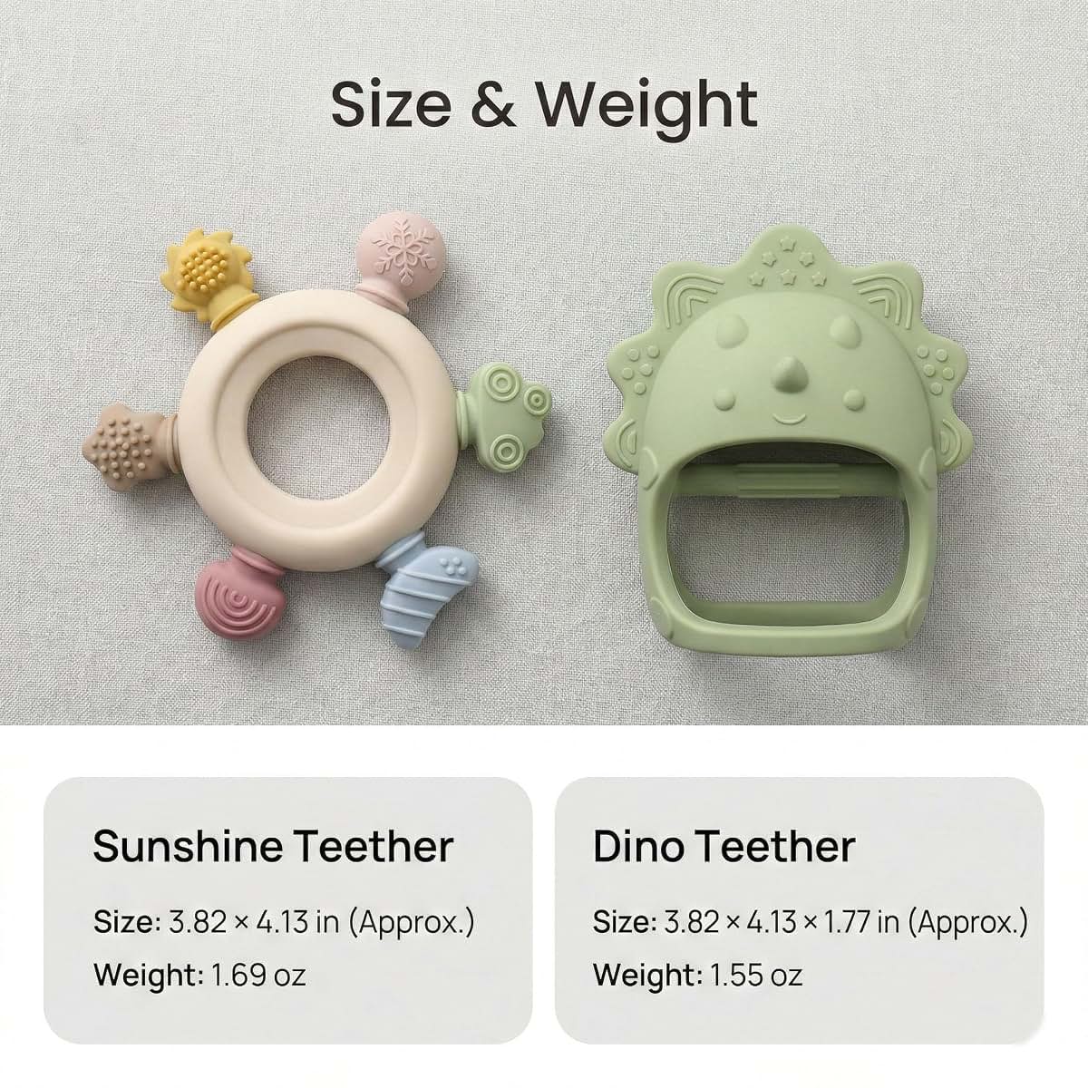 TINBLII Baby Teething Toys 2 Pack, Dinosaur Mitten Teether and Ring Sun Teether with 6 Chewing Points, Silicone Chew (photo 4)