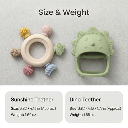 TINBLII Baby Teething Toys 2 Pack, Dinosaur Mitten Teether and Ring Sun Teether with 6 Chewing Points, Silicone Chew (photo 4)