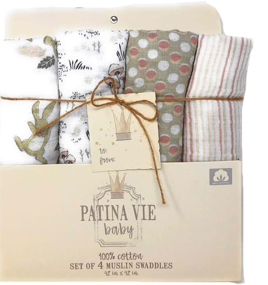 Patina Vie Baby Set of 4 Muslin Swaddles, All Cotton 42 X 42 inches, Spring Hopper Design