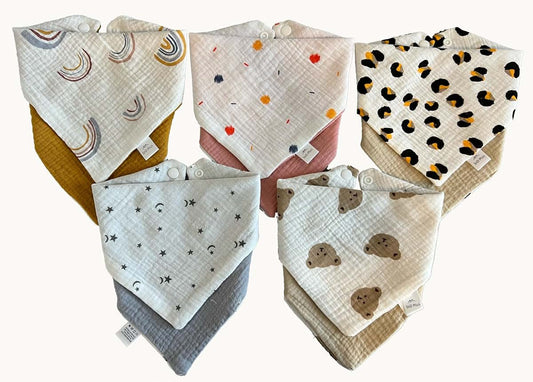 SnD Plus Muslin Bibs 2 Layers Cotton Triangle Reversible Baby Bibs 5 Pack Adjustable Snaps Drool Bibs Feeding Apron