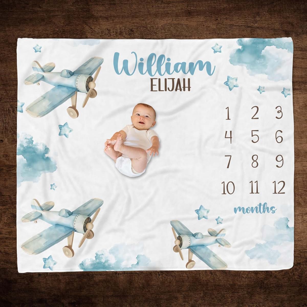 BabyOneStop Personalized Blue Airplane Baby Milestones Blanket