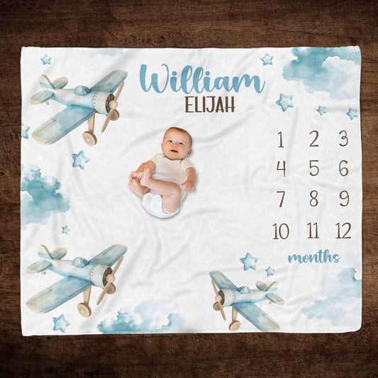 BabyOneStop Personalized Blue Airplane Baby Milestones Blanket