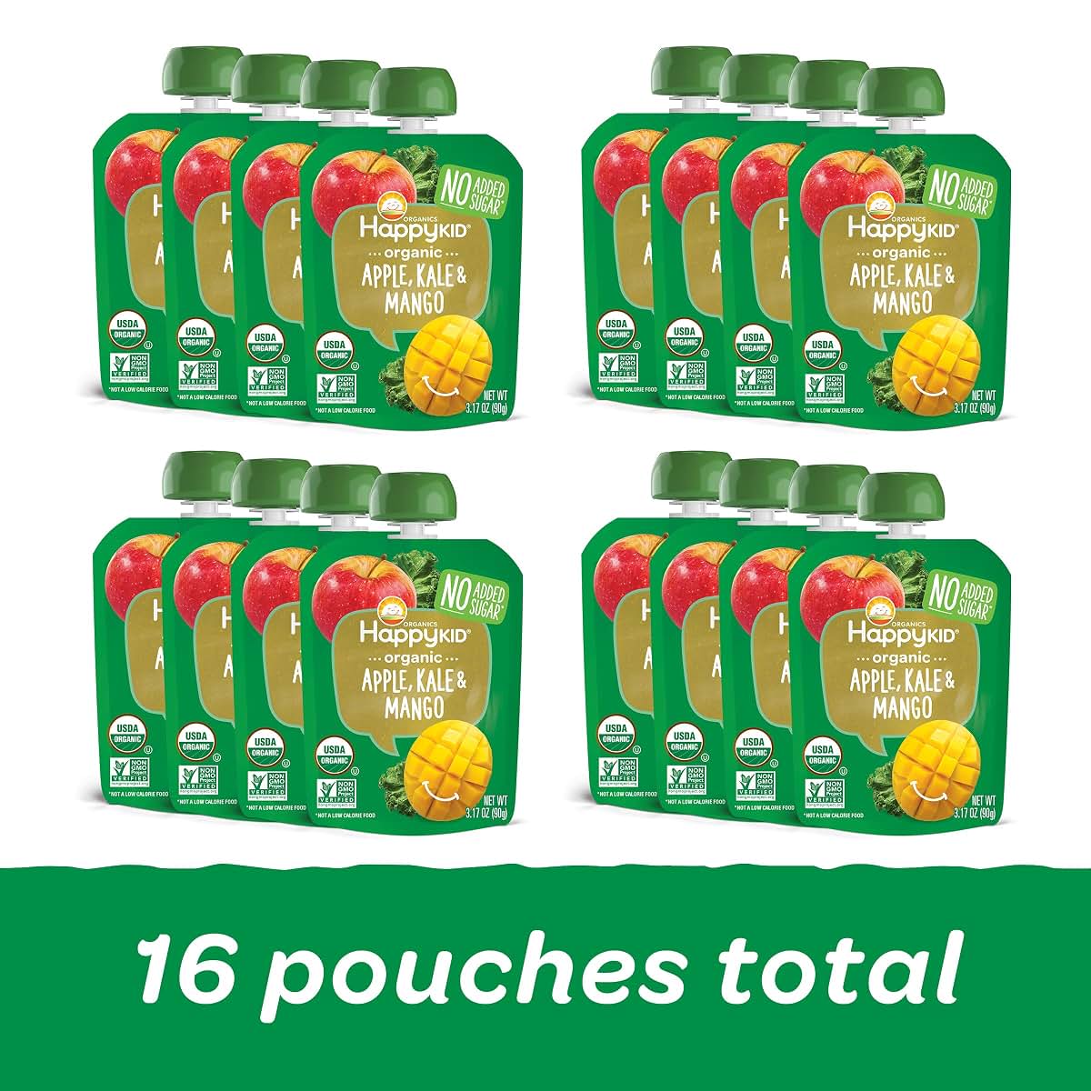 HAPPYKID Organics Organic Kid Snack Pouch Apple Kale Mango 3.17 Ounce Pack of 16