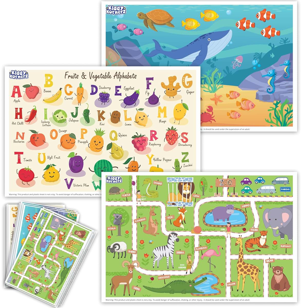 BabyOneStop 40 Pack Waterproof Disposable Baby Placemats - Aquarium, Alphabet and Zoo Theme