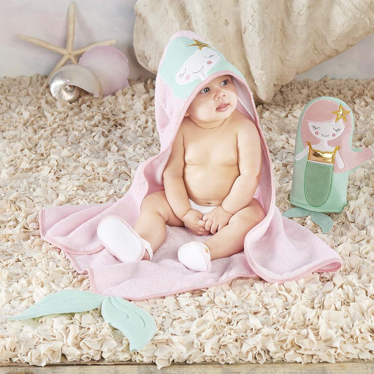 Baby Aspen Simply Enchanted Mermaid 4 Piece Bathtime Gift Set, Pink/Mint/Gold/White, 0-6 Months (photo 2)