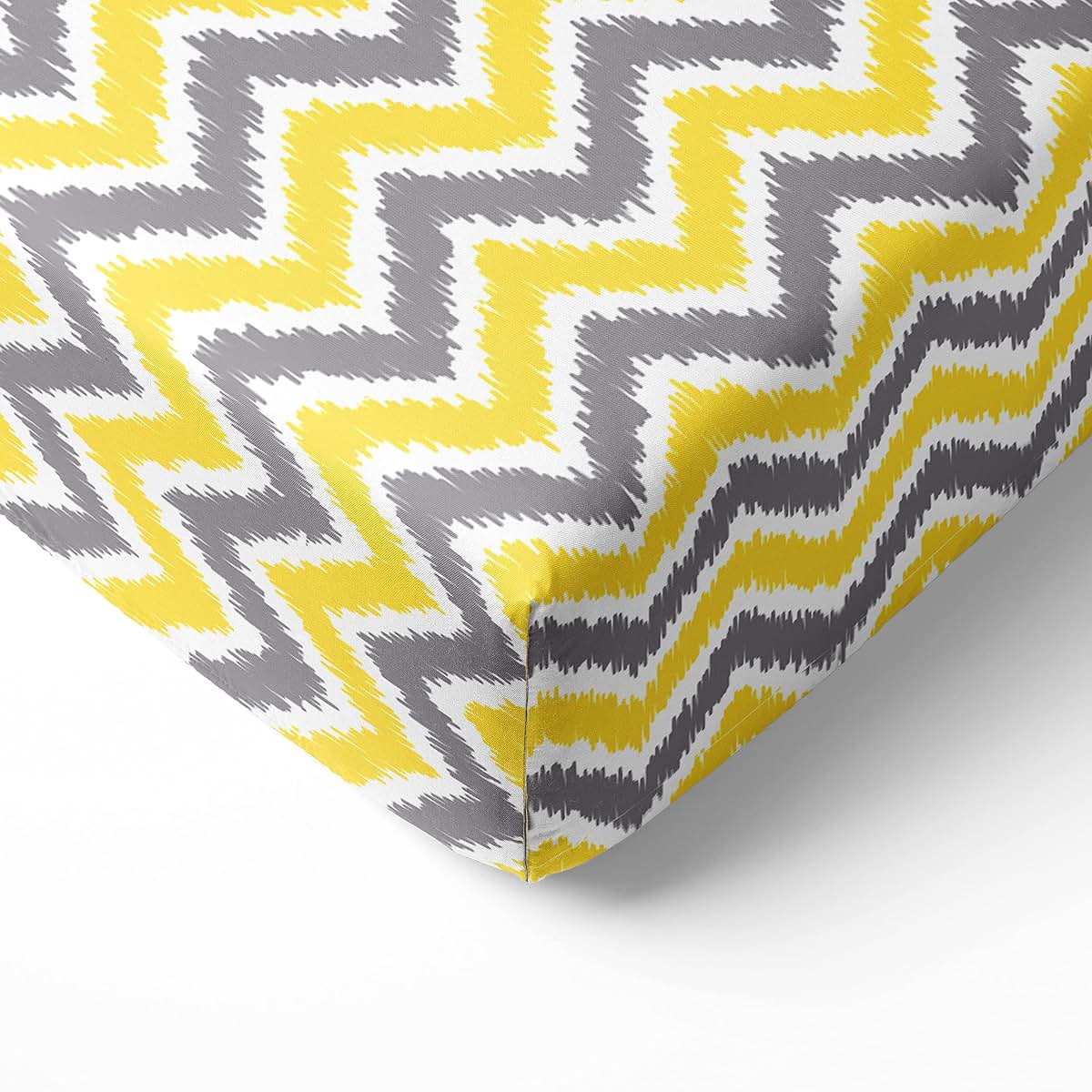 Bacati Ikat Zigzag Crib Fitted Sheet, Grey/Yellow