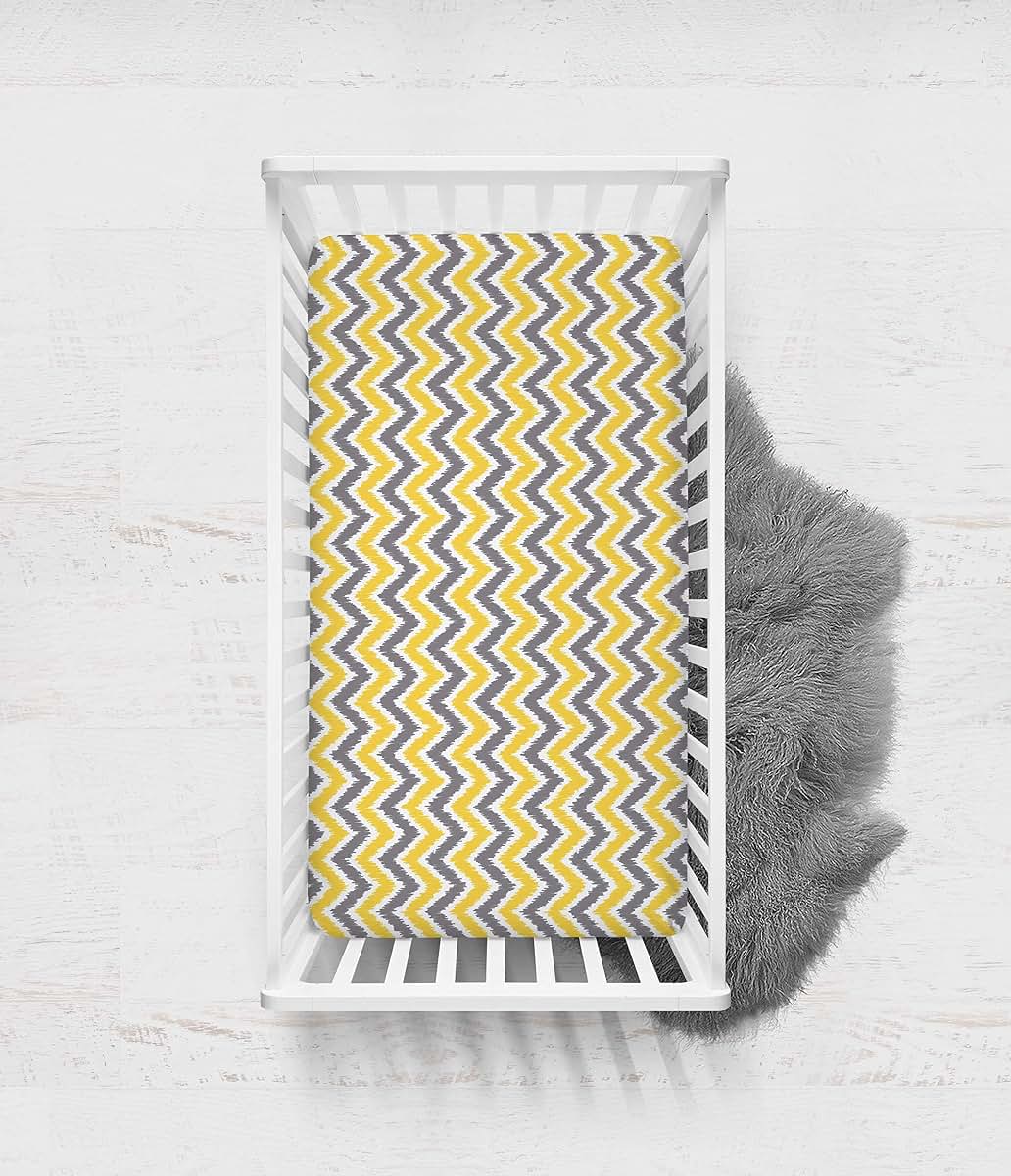 Bacati Ikat Zigzag Crib Fitted Sheet, Grey/Yellow
