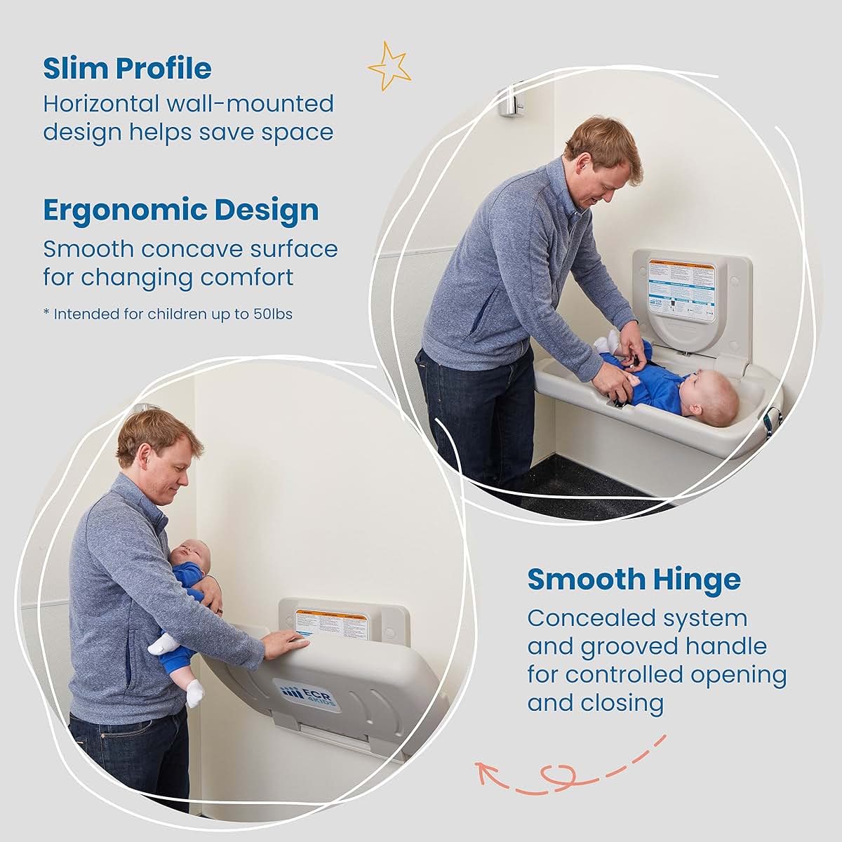 ECR4Kids Horizontal Wall-Mounted Baby Changing Station, Slim, White Granite (photo 3)