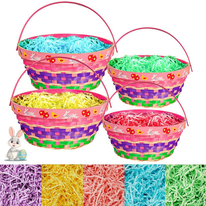 Uptotop 4 Pc Woven Bamboo Easter Basket Set with Handles and 5 Color Crinkle Paper Filler