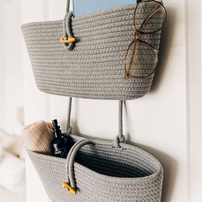 OrganiHaus Over the Door Organizer with 3-Tier Woven Cotton Rope Hanging Baskets, Light Gray