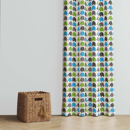Bacati - Single Light Filtering Curtain Panel Elephants (Aqua Lime Gray)