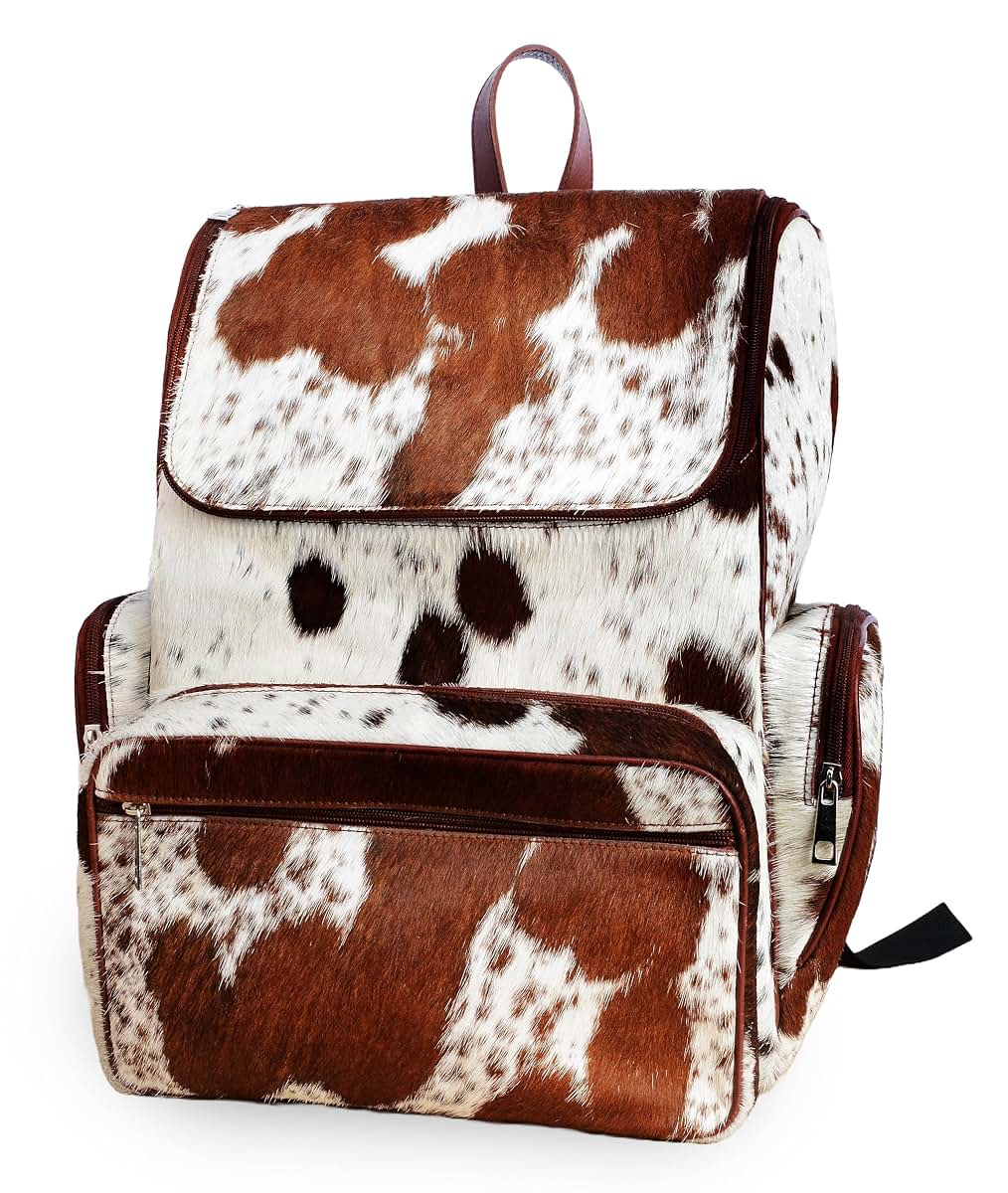 LP-FACON Cowhide Hair Print Fur Leather Diaper Backpack