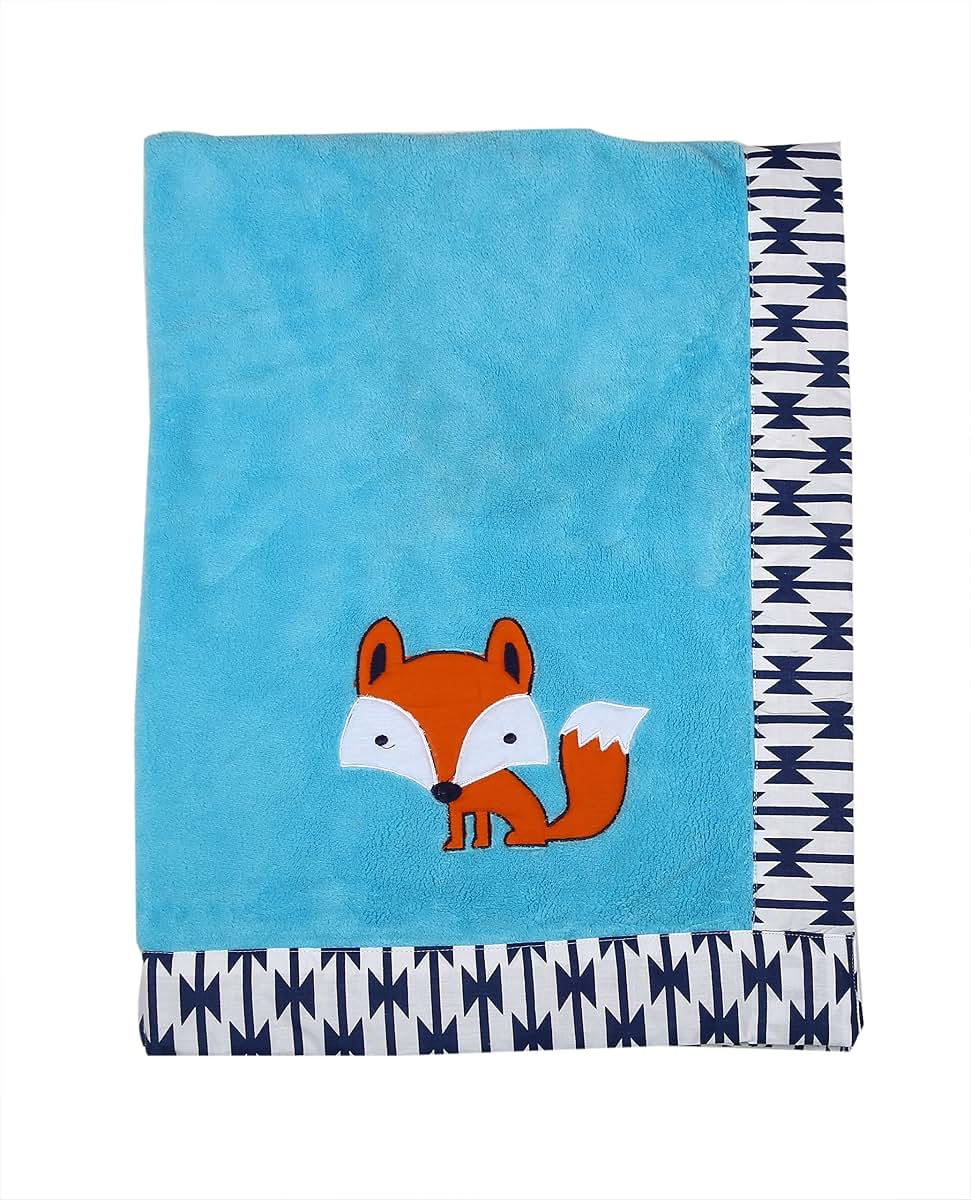 Bacati Tribal Aztec Plush Embroidered Baby Blanket 30x40 Aqua Orange Navy Fox