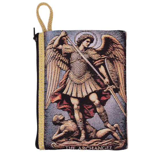 VILLAGE GIFT IMPORTERS Religious Rosary Pouch with Tapestry Style Woven Art | St. Michael, Holy Family, or St. Therese