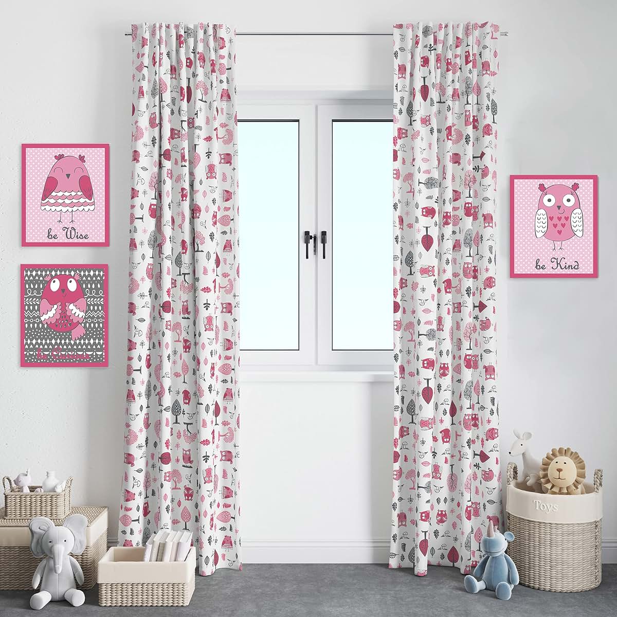 Bacati 2 Pack Light Filtering Curtain Panels In Owls Pink/Grey