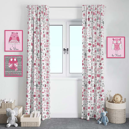 Bacati 2 Pack Light Filtering Curtain Panels In Owls Pink/Grey