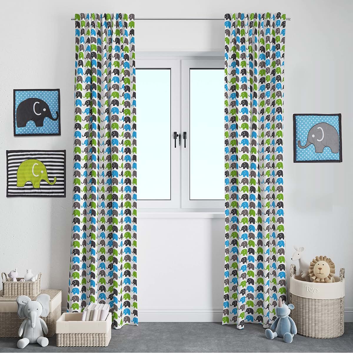 Bacati - Single Light Filtering Curtain Panel Elephants (Aqua Lime Gray)
