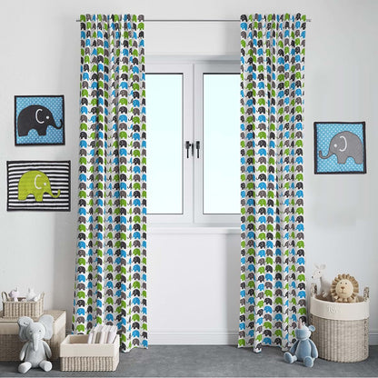 Bacati - Single Light Filtering Curtain Panel Elephants (Aqua Lime Gray)