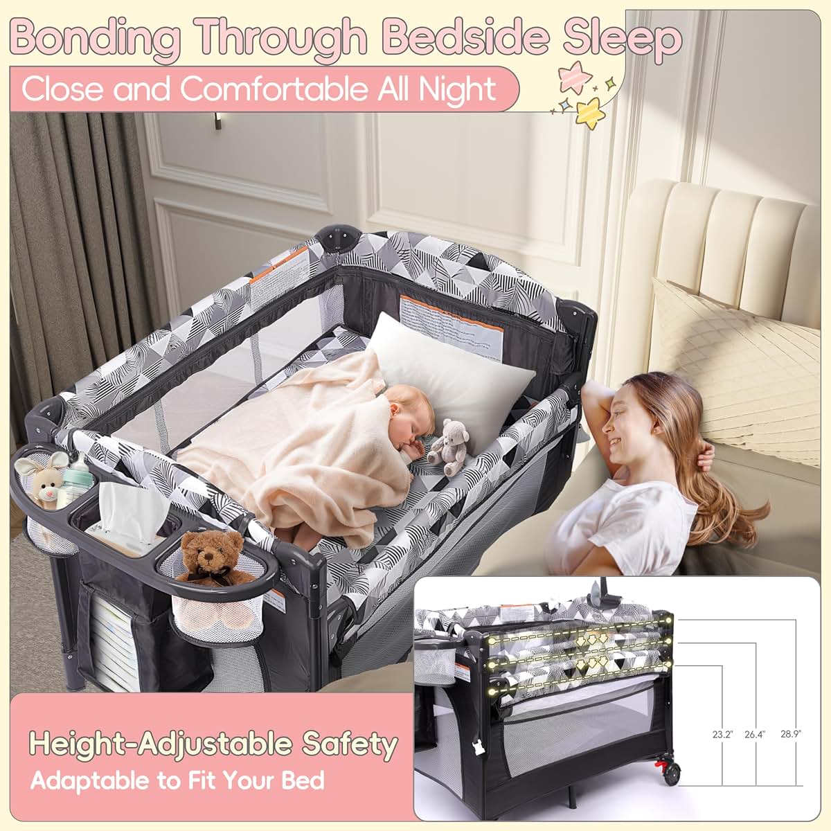 Xilingol 5-in-1 Baby Bassinet Bedside Sleeper with Changing Table and Carry Bag