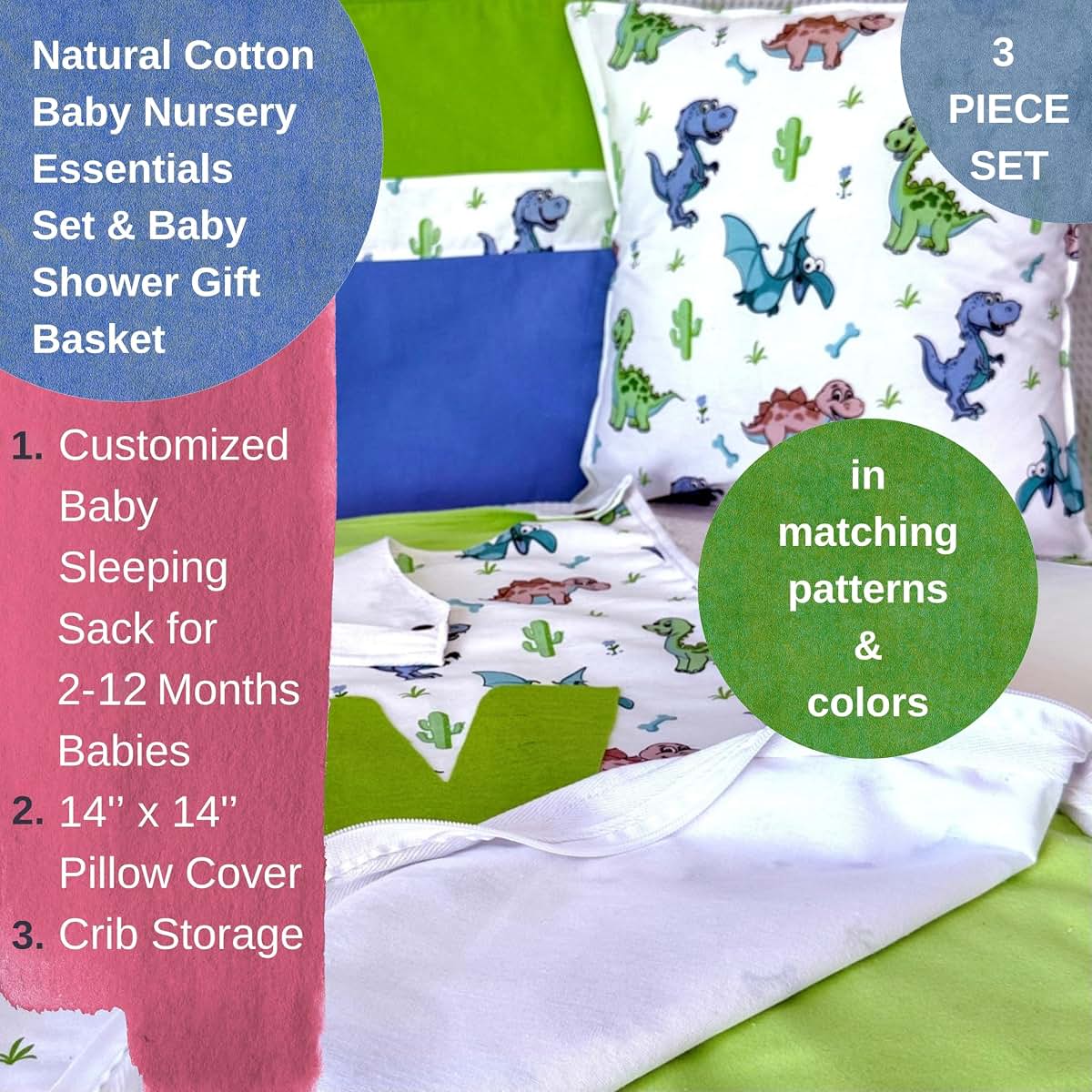 FashionByCultures Personalized Baby Sleeping Sack for 2-12 Months & Nursery Essentials Set, 3-Piece Natural Cotton Gift