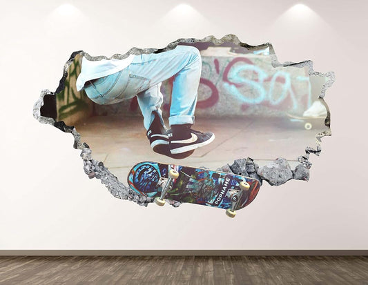 West Mountain Skater Wall Decal Art Decor 3D Smashed Sport Skateboard Sticker Mural Kids Room Custom Gift BL109 (30"W x