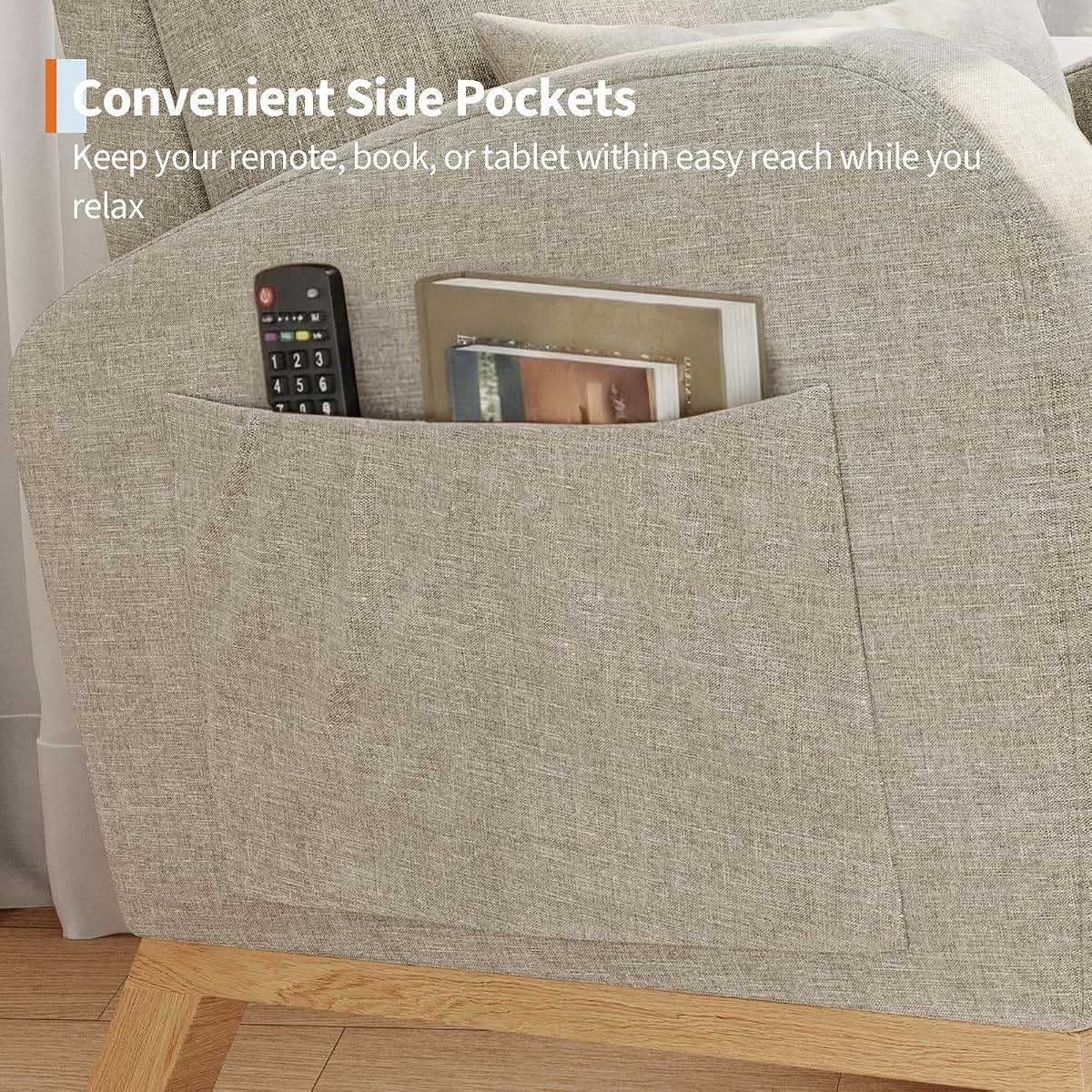 Takywep Modern Linen Glider Rocking Chair with Side Pockets & Pillow