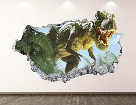 West Mountain T-Rex Dinosaur Wall Decal Art Decor 3D Jungle Smashed Sticker Poster Kids Room Mural Custom Gift BL175