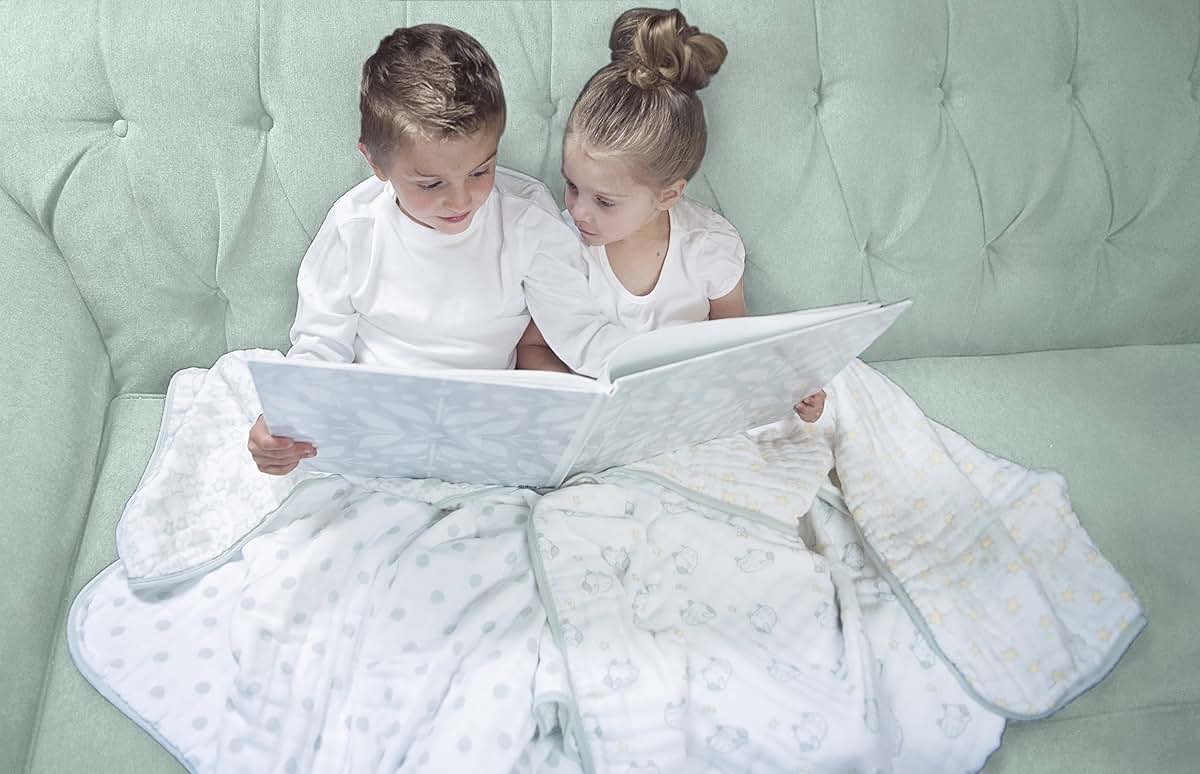 SwaddleDesigns 4-Layer Cotton Muslin Luxe Blanket, Cuddle and Dream, Pastel Blue Nautical Little Ships and Dots