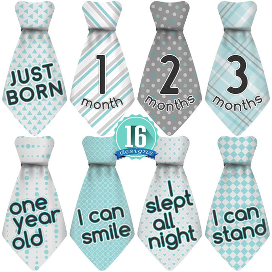 Original Stick'Nsnap (TM) Baby Monthly Onesie Stickers - Milestones for Multiple Events (Tie - Blue/Turquoise/Gray)