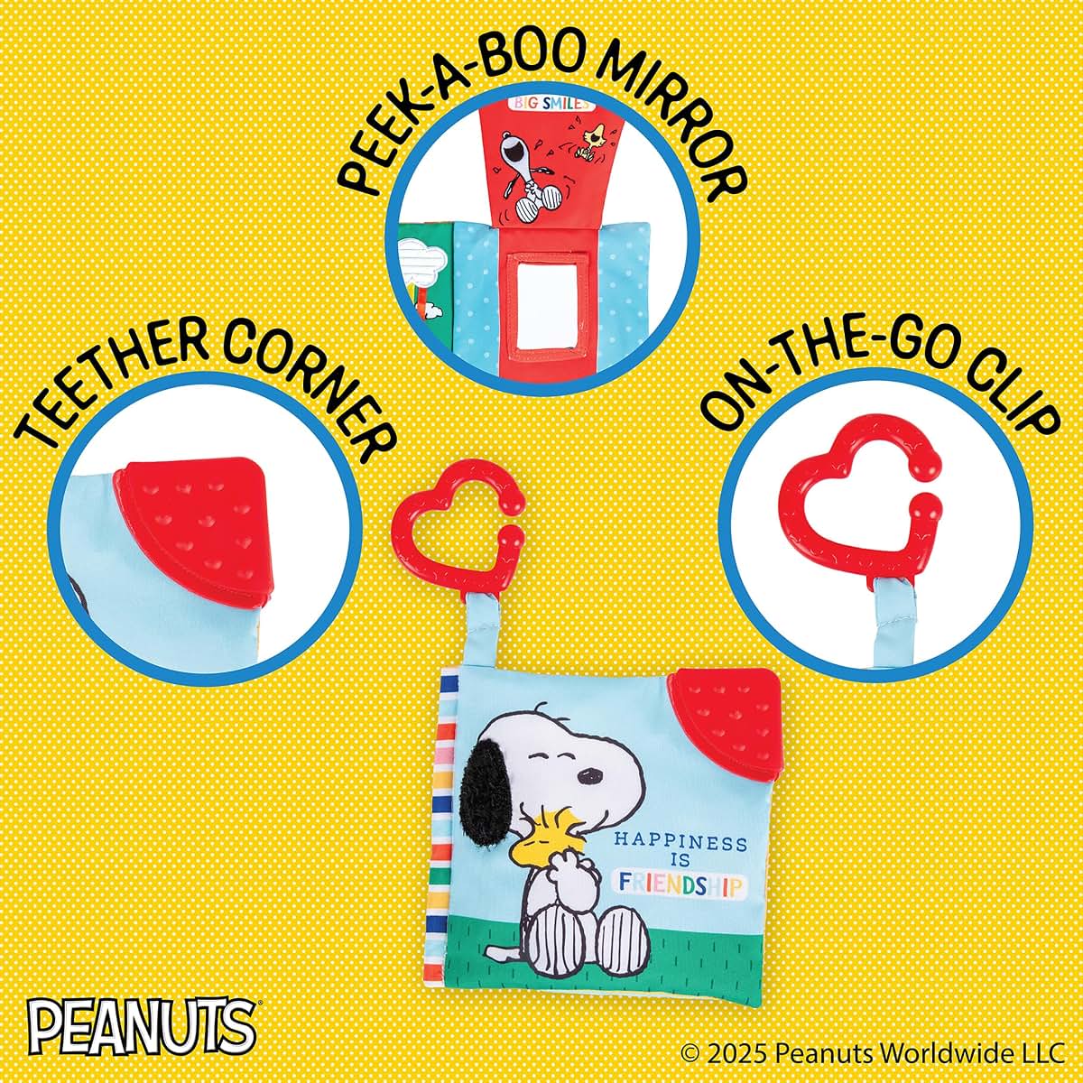 Kids Preferred Peanuts Snoopy Baby Stuff Fun Crinkle Book with On The Go Travel Clip Teether Soft Sensory Book for (photo 2)