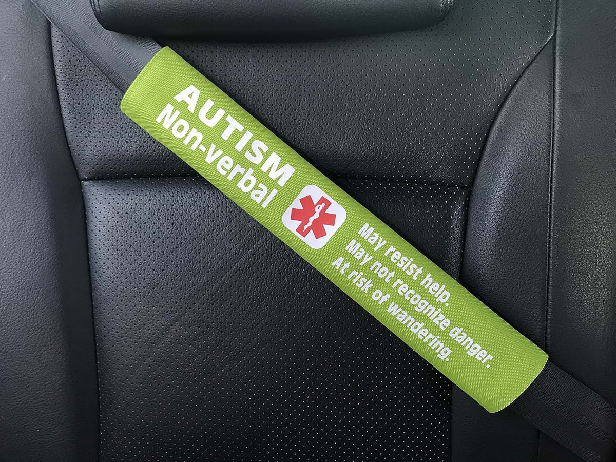 Medical Alert Seat Belt Cover for Non-Verbal Individuals (Bright Green)