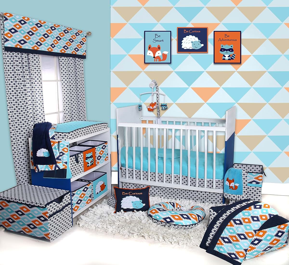 Bacati Tribal Aztec Plush Embroidered Baby Blanket 30x40 Aqua Orange Navy Fox