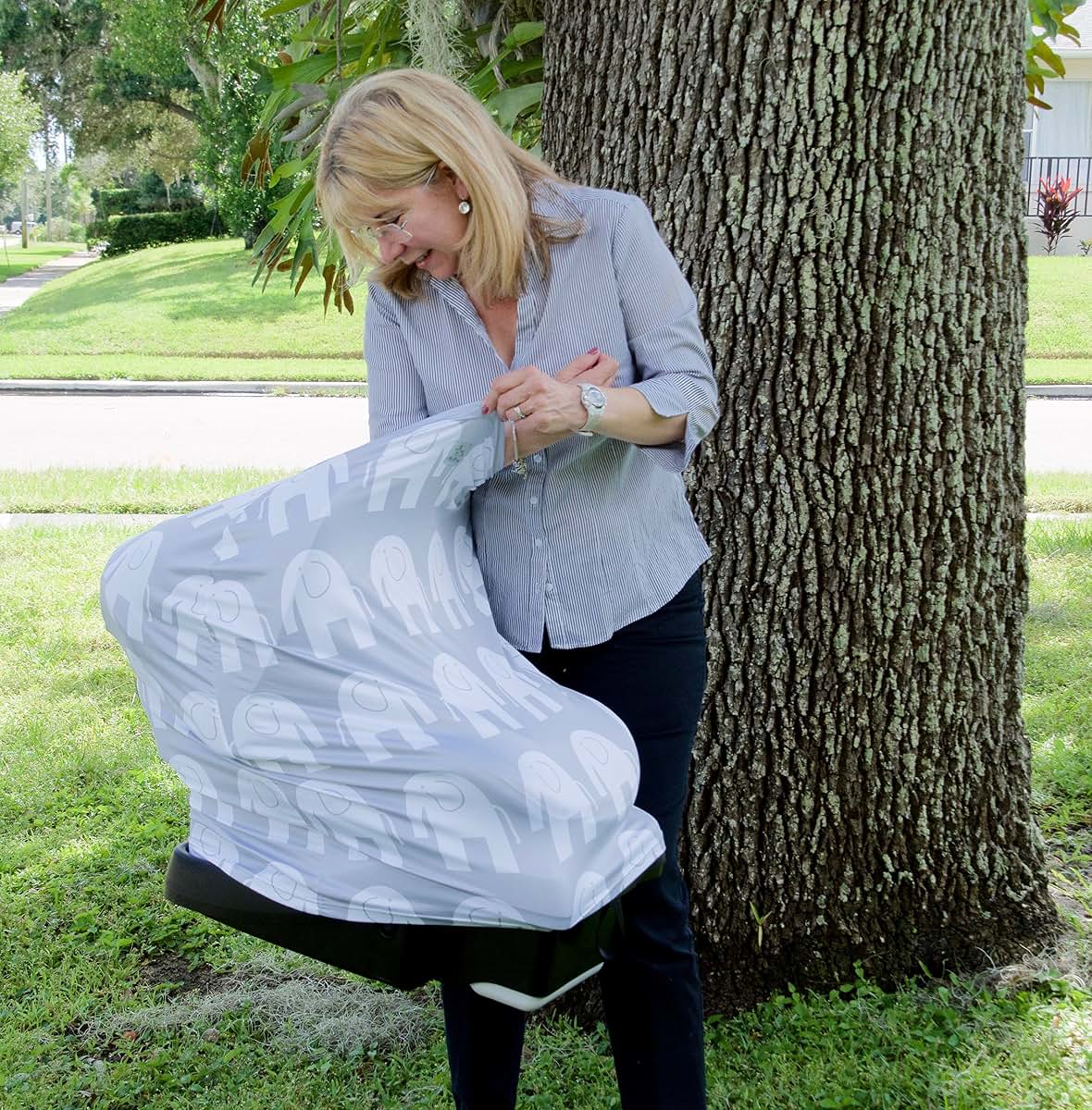 MoM-me Nursing Cover Multi Use Grey White Elephant Design for Baby and Stroller