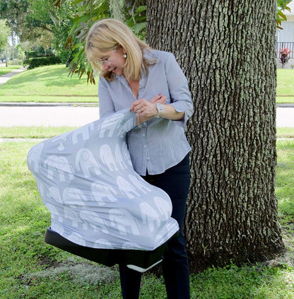 MoM-me Nursing Cover Multi Use Grey White Elephant Design for Baby and Stroller