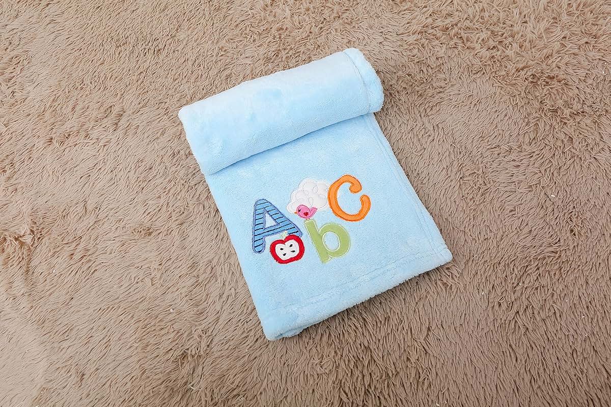 CribMATE Blue Cloud Apple ABC Coral Velvet Nursery Blanket 30 x 30 inches (Blue ABC)