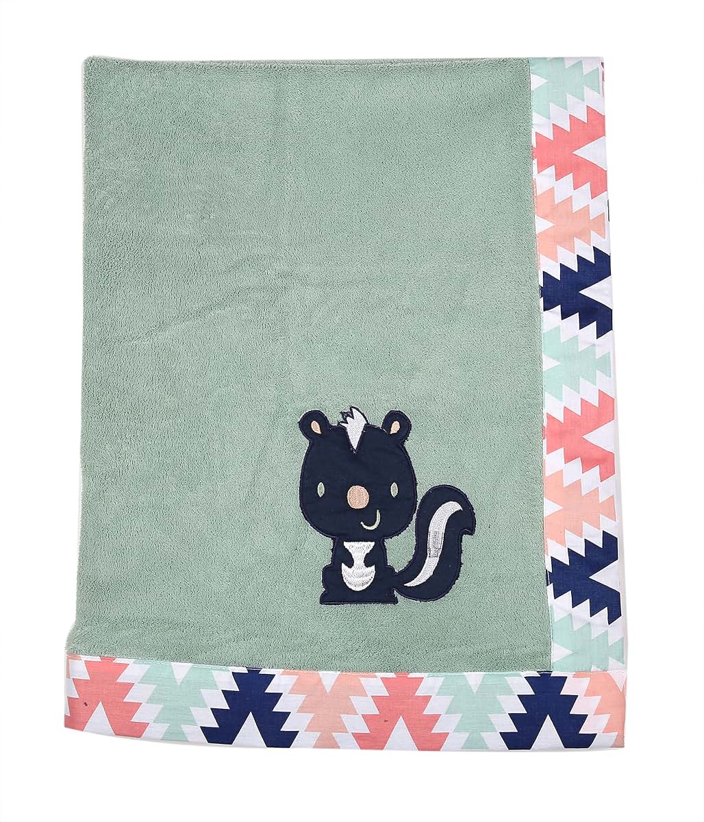 Bacati Tribal Aztec Plush Embroidered Baby Blanket in Coral and Navy Squirrel