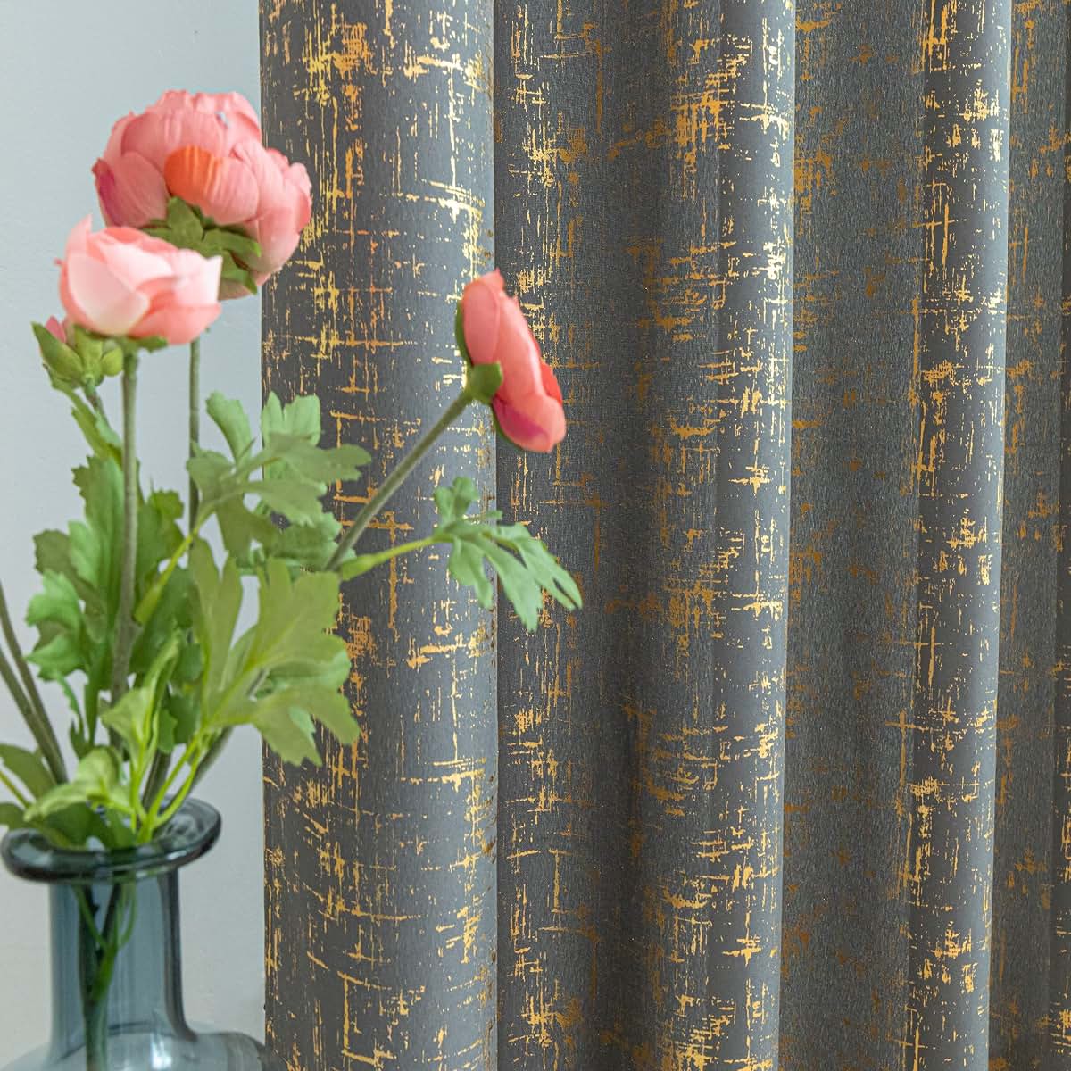 Taisier Home Gold Foil Print Linen Textured Curtains - Geometric Dots Pattern for Nursery Toy Room - Thermal Insulated