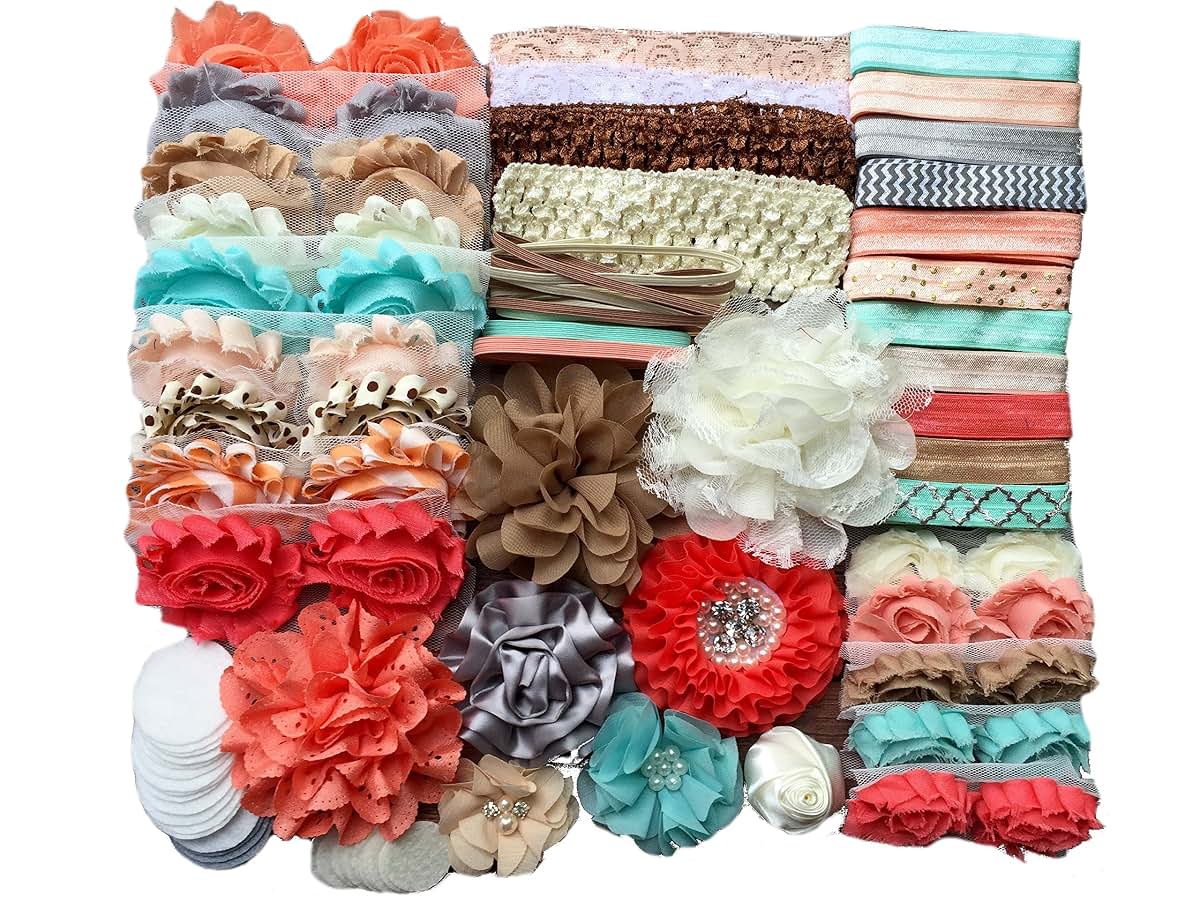 Bowtique Emilee Hairband Kit - Sandy Beaches, 30 pcs DIY Baby Shower Headband Set with Assorted Flowers & Elastics