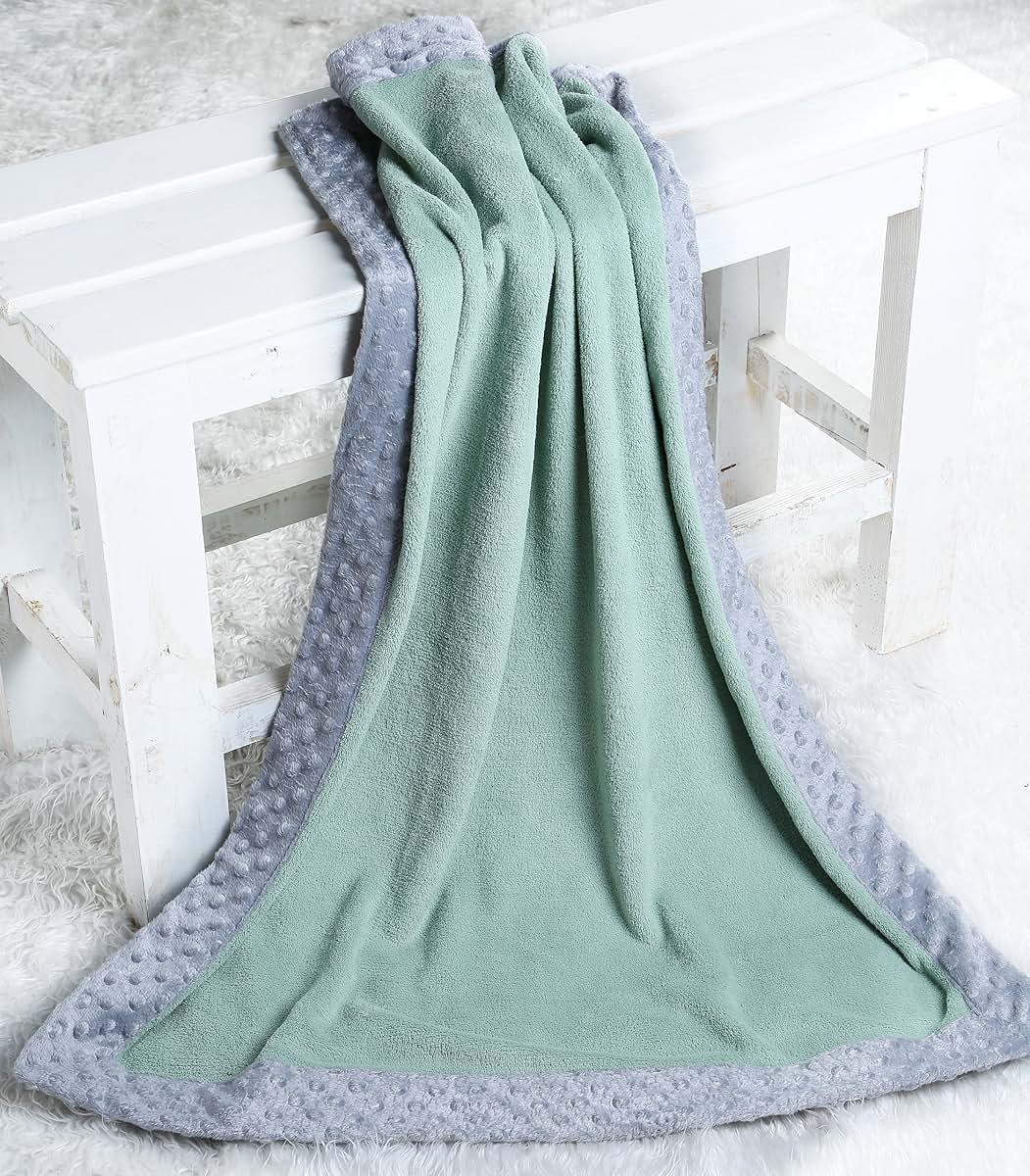 Bacati Solid Center Plush Blanket (Mint/Grey Border)