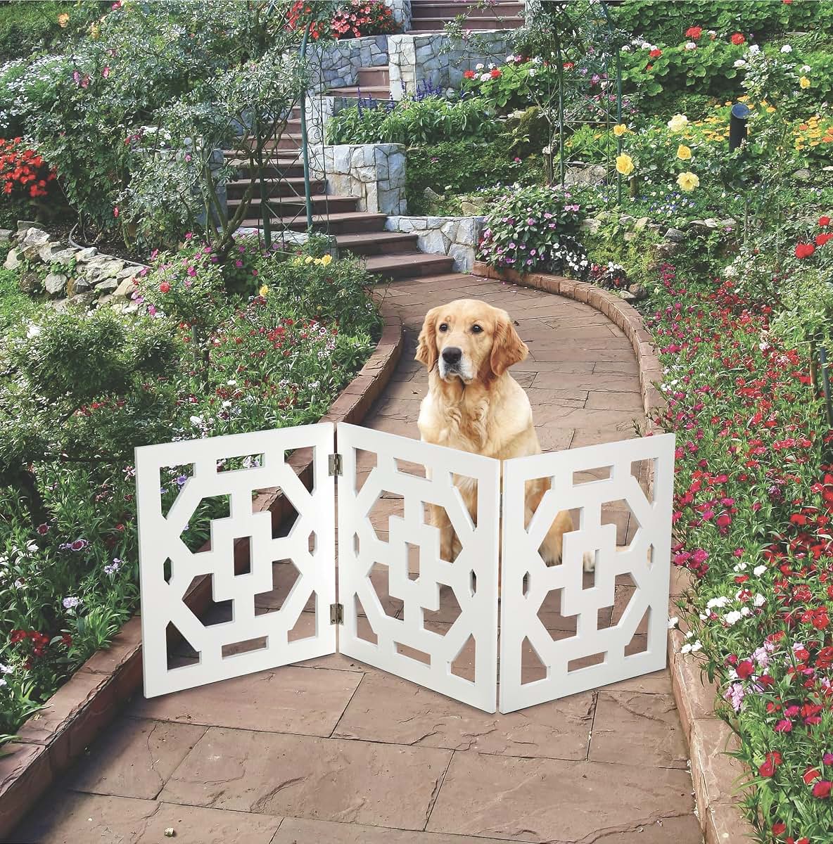 Etna Products 3-Panel Solid Wood Pet Gate - White Art Deco Design (photo 2)
